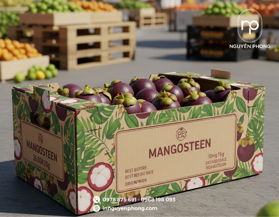 Mẫu thùng carton đựng măng cụt họa tiết